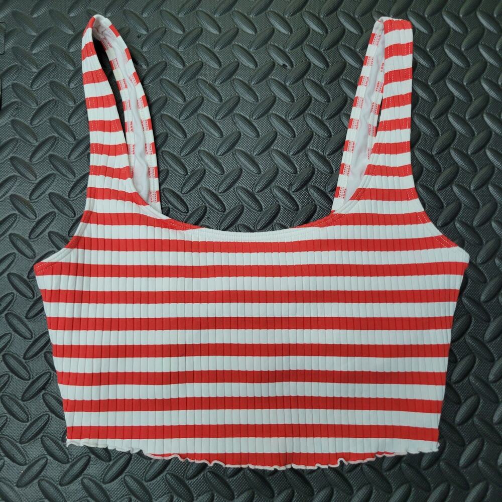 Roxy Ribbed Bikini Crop Top Red White Striped Swim Top Size Large Vacation Beach